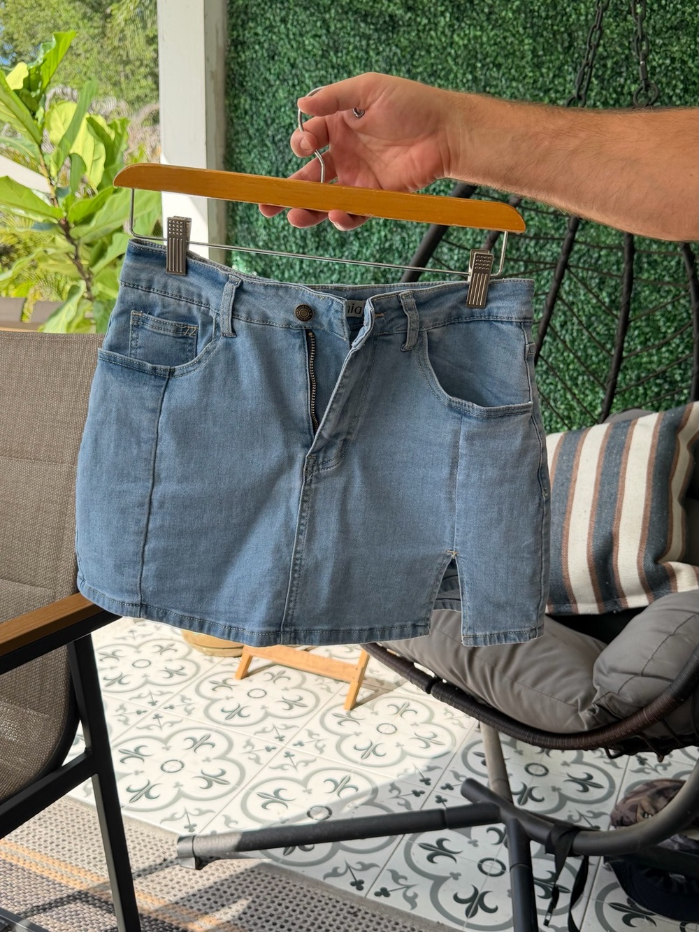 Light Wash Denim Mini Skirt with Front Slit